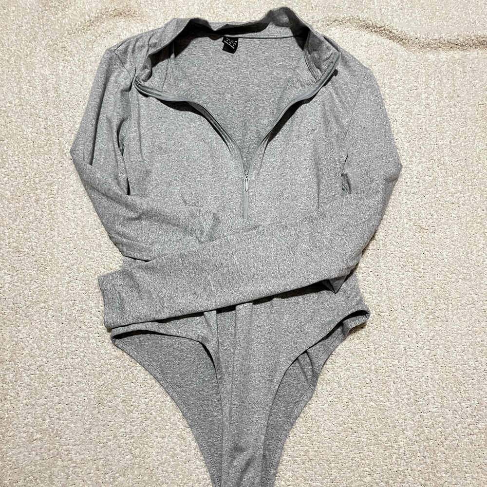 Grey Front Zip Bodysuit